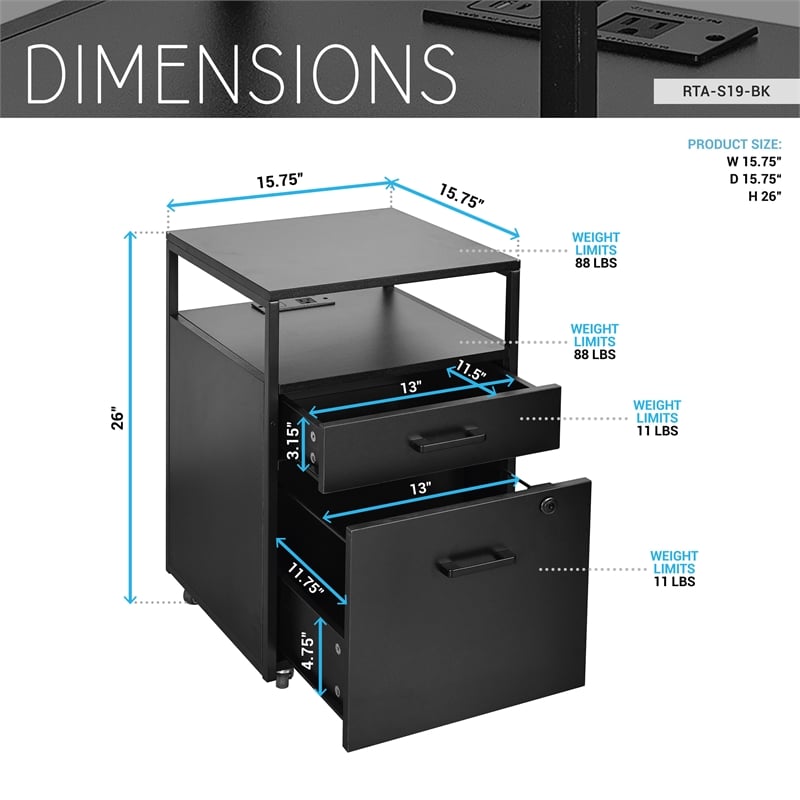 Techni Mobili Black 2-Drawer Rolling Locking File Cabinet w/ USB