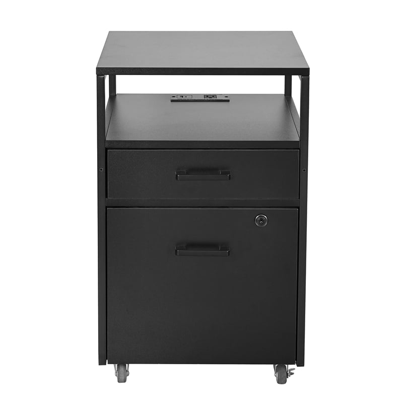 Techni Mobili Black 2-Drawer Rolling Locking File Cabinet w/ USB