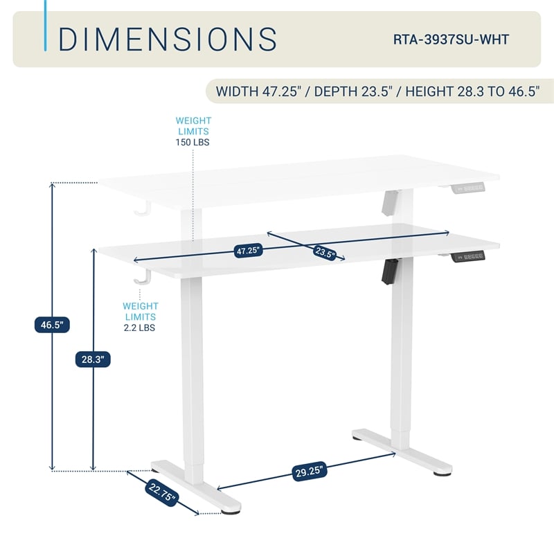 Techni Mobili 47.25in. W Electric Standing Desk - White