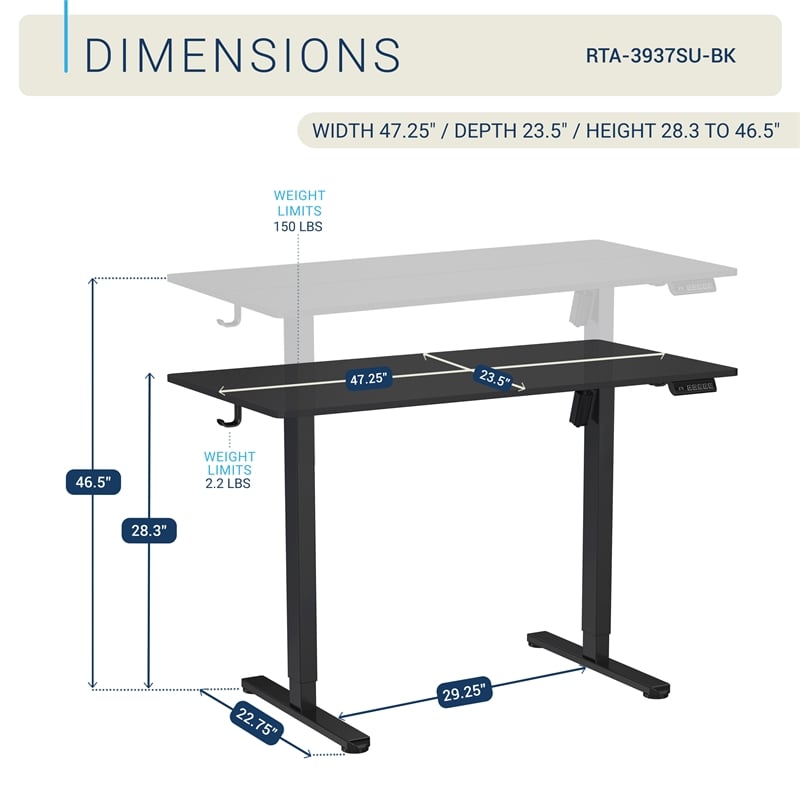 Techni Mobili 47.25in. W Electric Standing Desk - Black