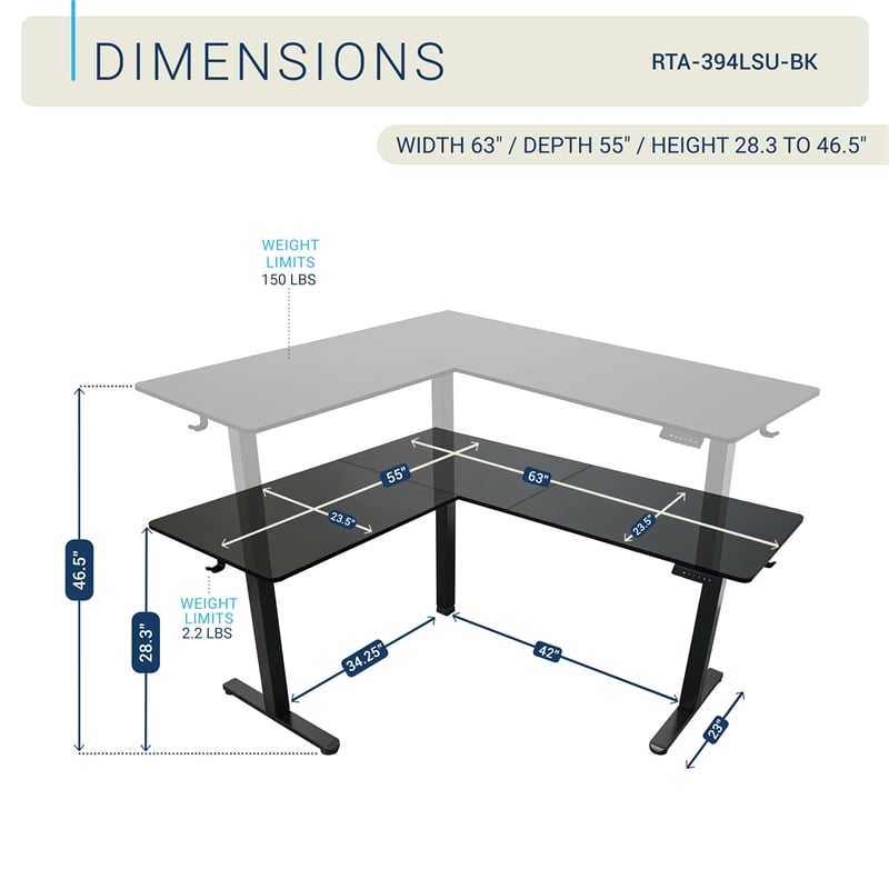 Techni Mobili 63in. W L-Shaped Electric Standing Desk - Black