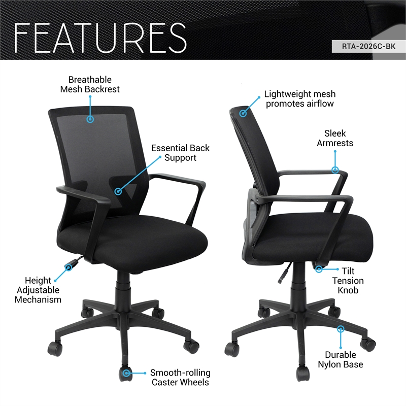 Techni Mobili Ergonomic Black Mesh Office Chair with Adjustable Height