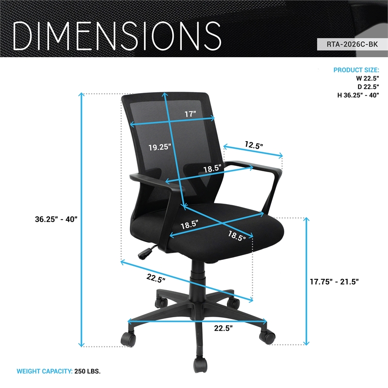 Techni Mobili Ergonomic Black Mesh Office Chair with Adjustable Height