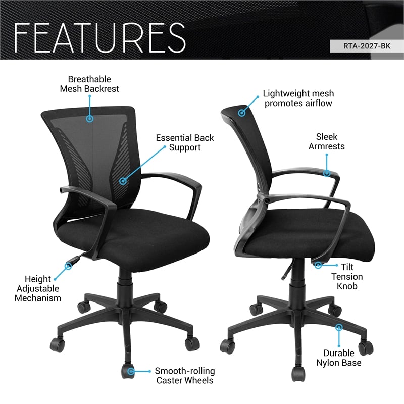Techni Mobili Ergonomic Black Mesh Office Chair with Adjustable Height