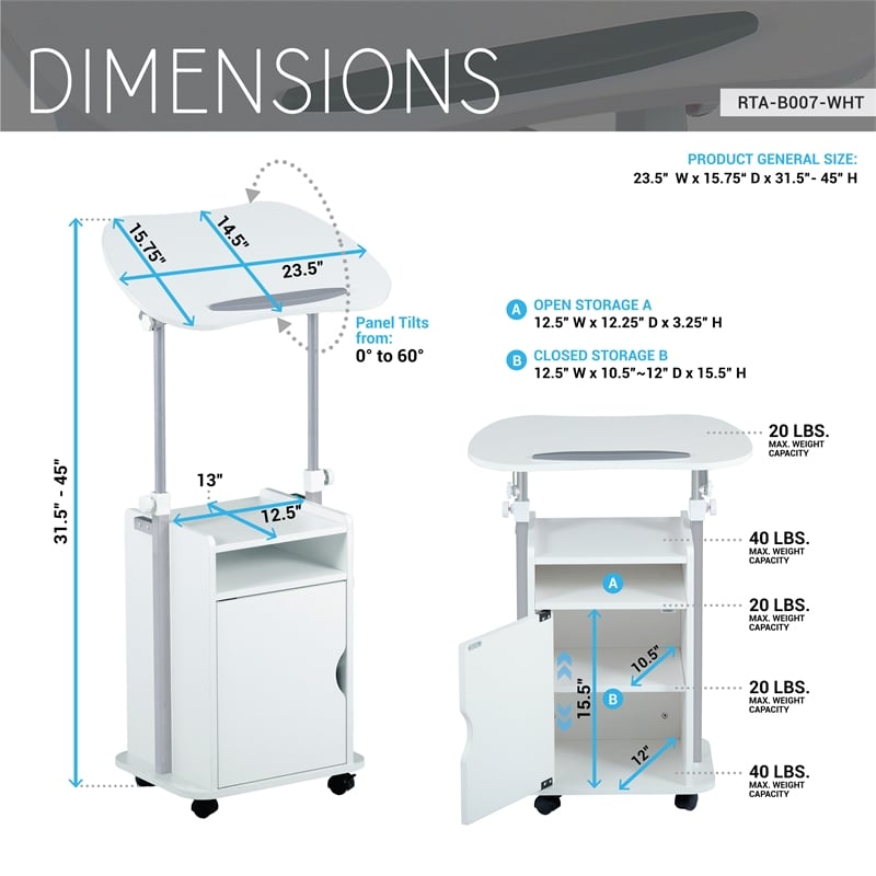 Techni Mobili White Rolling Laptop Cart - Adjustable Height Desk with Storage
