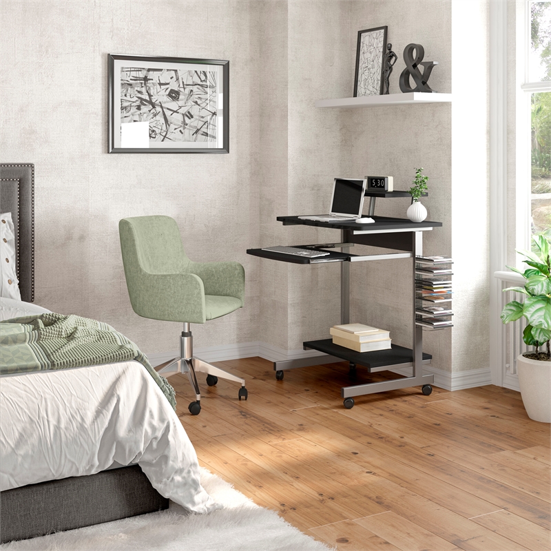 Techni Mobili Wood & Steel Compact Computer Cart with Storage in Graphite Gray