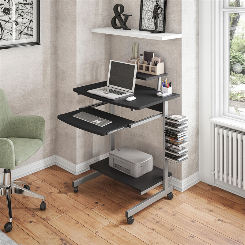 Techni Mobili Wood & Steel Compact Computer Cart with Storage in Graphite Gray