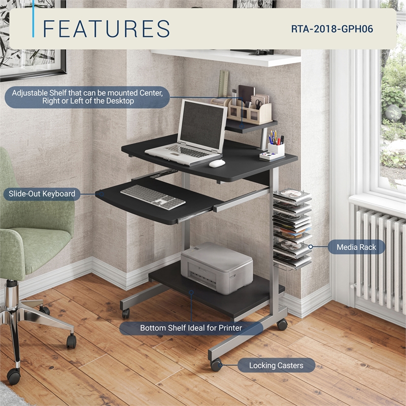 Techni Mobili Wood & Steel Compact Computer Cart with Storage in Graphite Gray