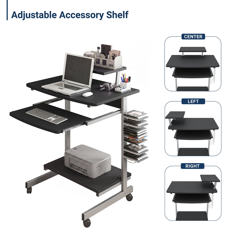 Techni Mobili Wood & Steel Compact Computer Cart with Storage in Graphite Gray