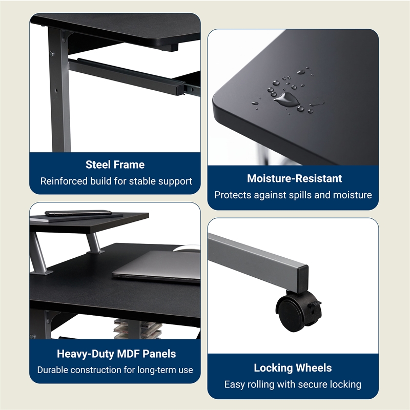Techni Mobili Wood & Steel Compact Computer Cart with Storage in Graphite Gray