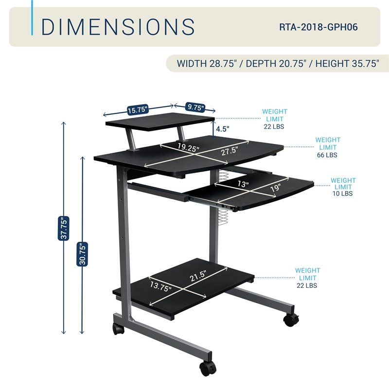 Techni Mobili Wood & Steel Compact Computer Cart with Storage in Graphite Gray
