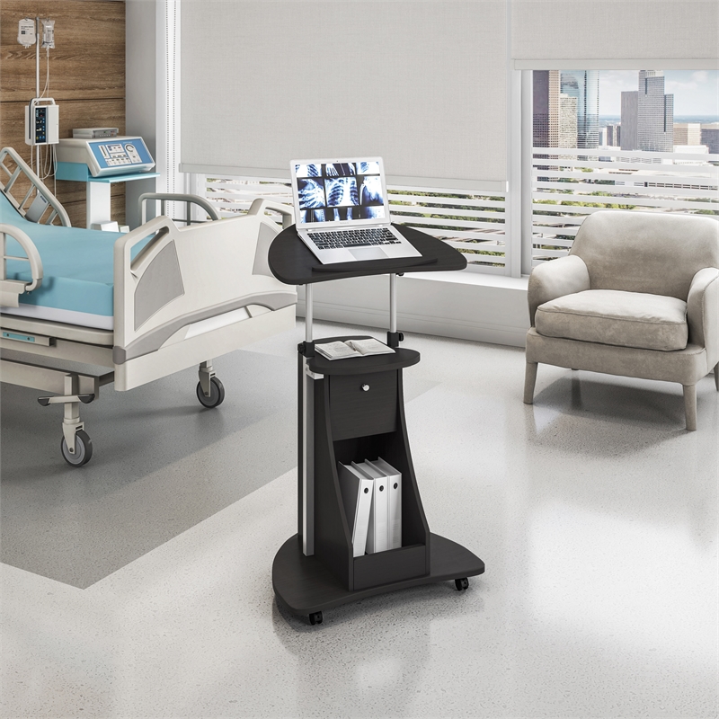 Techni Mobili Deluxe Sit-to-Stand Rolling Laptop Cart With Storage in Black