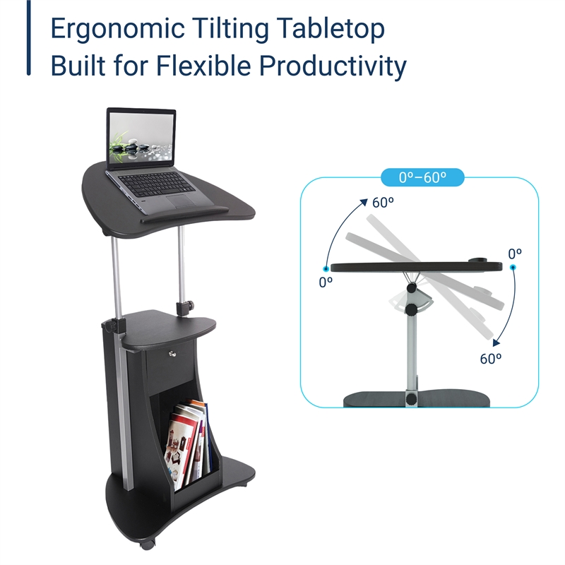 Techni Mobili Adjustable Sit-to-Stand Rolling Laptop Cart with Tilt Top and Storage in Black