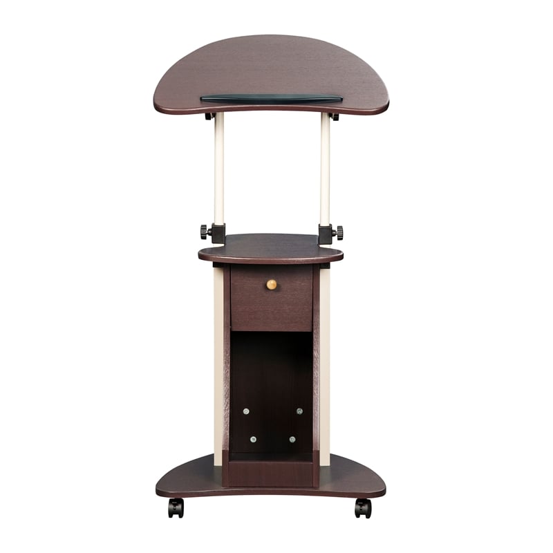Techni Mobili Deluxe Sit-to-Stand Rolling Laptop Cart With Storage in Chocolate