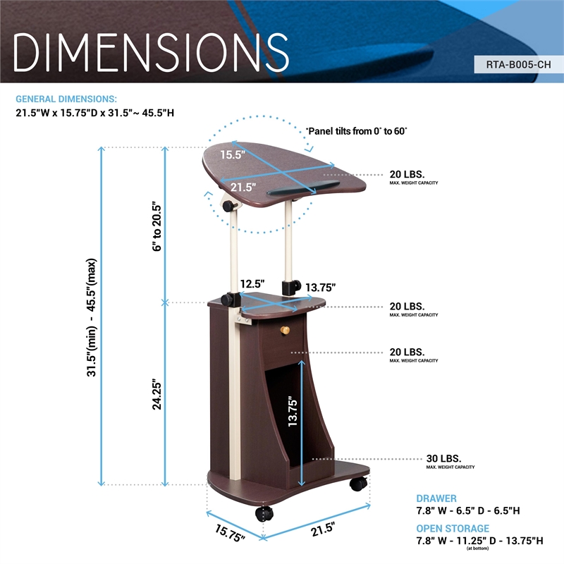 Techni Mobili Deluxe Sit-to-Stand Rolling Laptop Cart With Storage in Chocolate