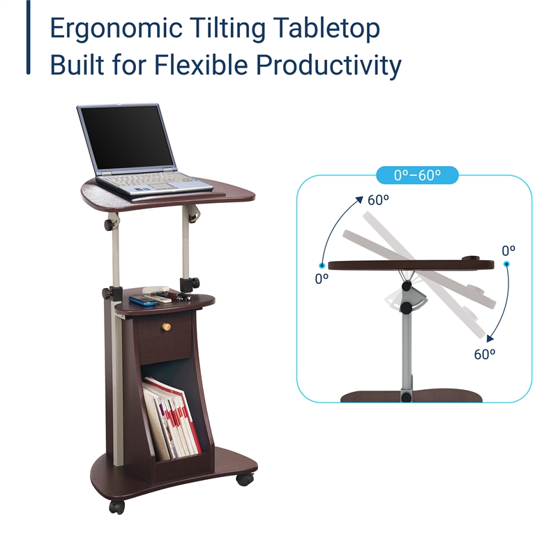 Techni Mobili Adjustable Sit-to-Stand Rolling Laptop Cart with Tilt Top and Storage in Chocolate