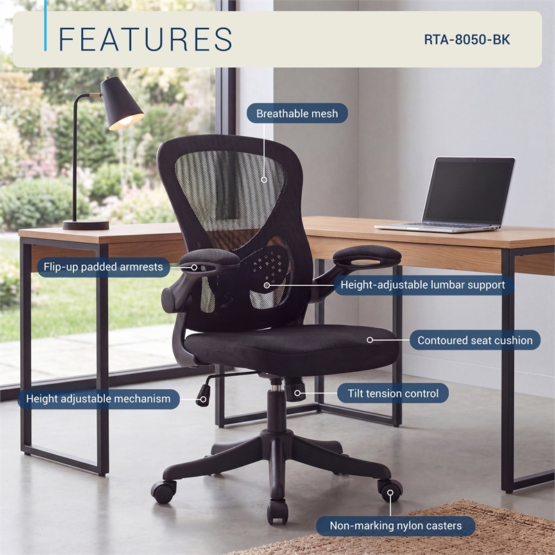Techni Mobili Black Mesh Office Chair with Lumbar Support and Flip-Up Arms