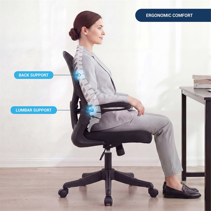 Techni Mobili Black Mesh Office Chair with Lumbar Support and Flip-Up Arms