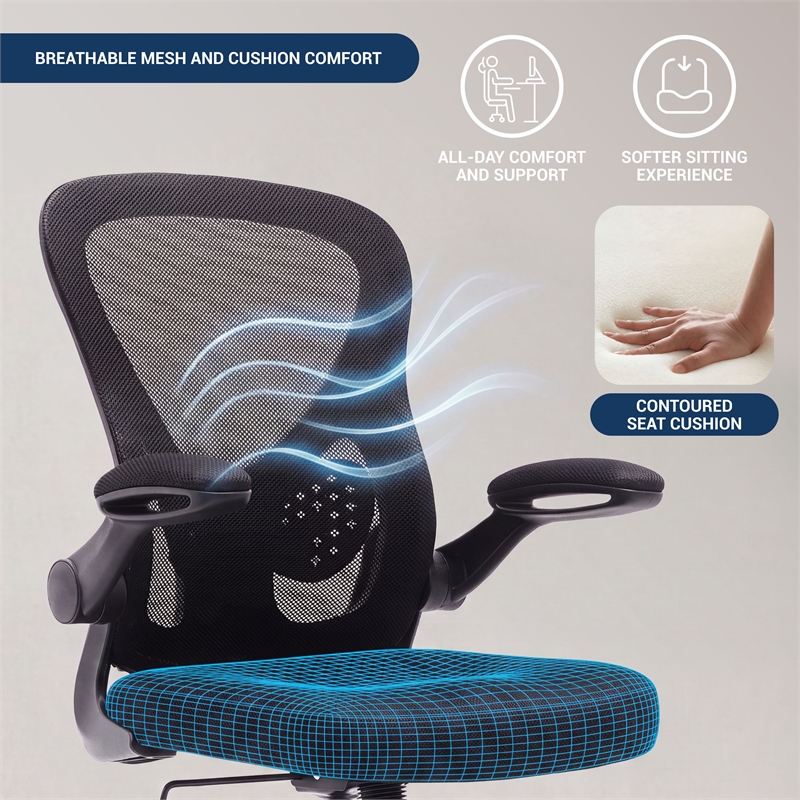 Techni Mobili Black Mesh Office Chair with Lumbar Support and Flip-Up Arms