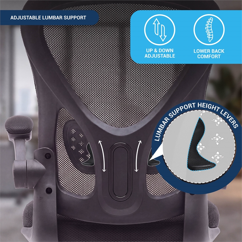 Techni Mobili Black Mesh Office Chair with Lumbar Support and Flip-Up Arms