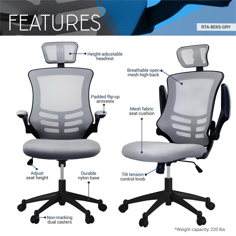 Techni Mobili Executive High Back Office Chair w/ Headrest in Silver Gray Fabric