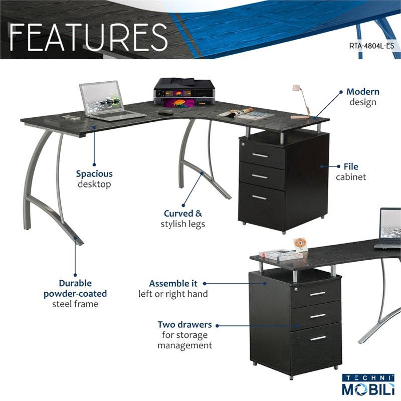 Techni Mobili L Shape Corner desk with File Cabinet in Dark Espresso