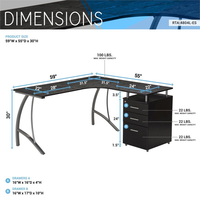Techni Mobili L Shape Corner desk with File Cabinet in Dark Espresso