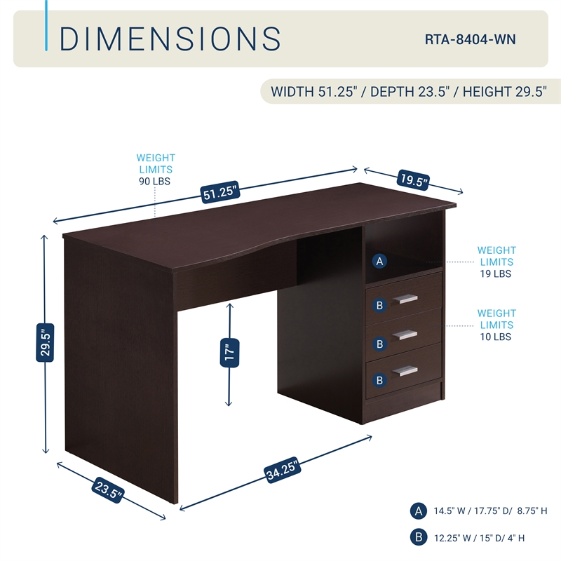 Techni Mobili Classy Computer Desk with 3 Drawers in Espresso