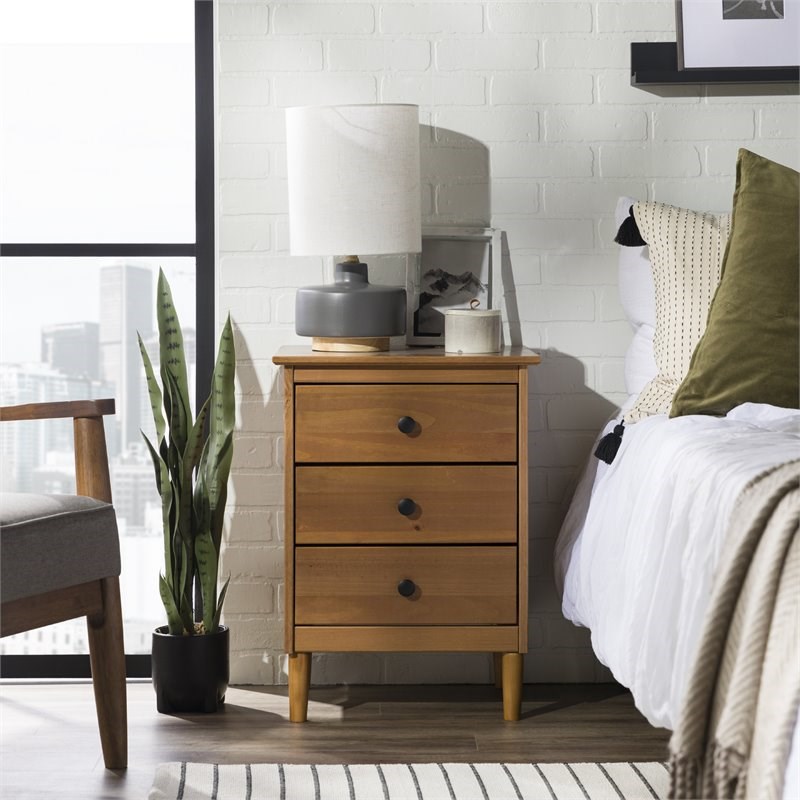 Modern 3 Drawer Solid Wood Nightstand in Caramel