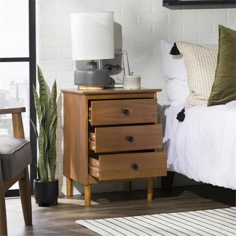 Modern 3 Drawer Solid Wood Nightstand in Caramel