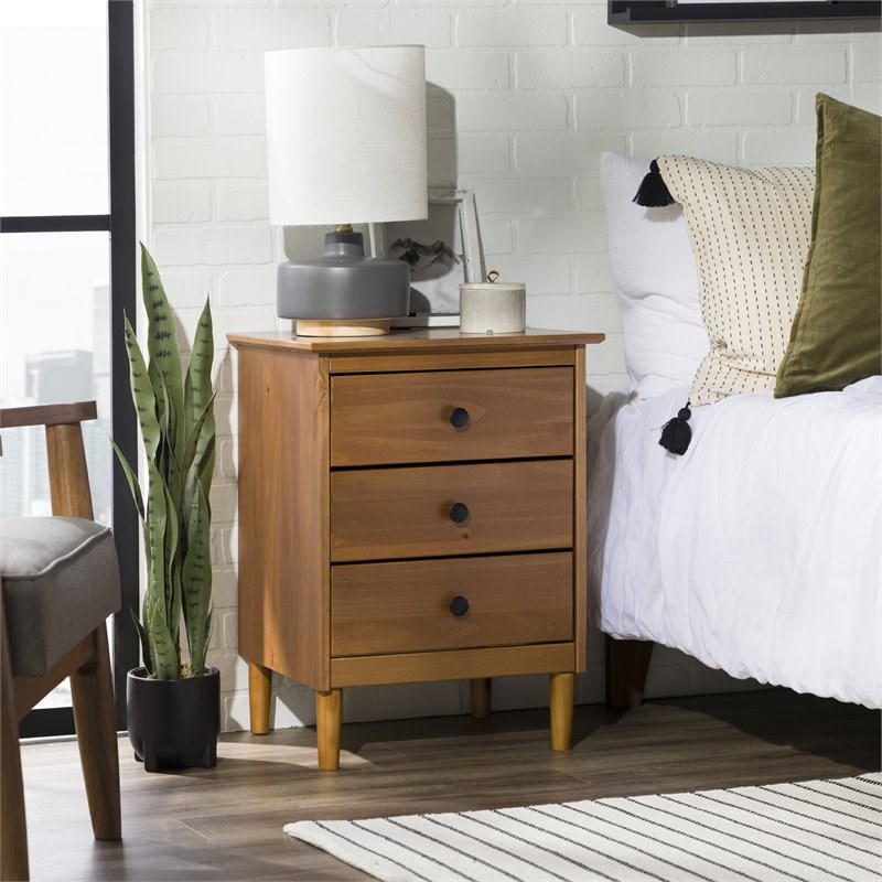 Modern 3 Drawer Solid Wood Nightstand in Caramel