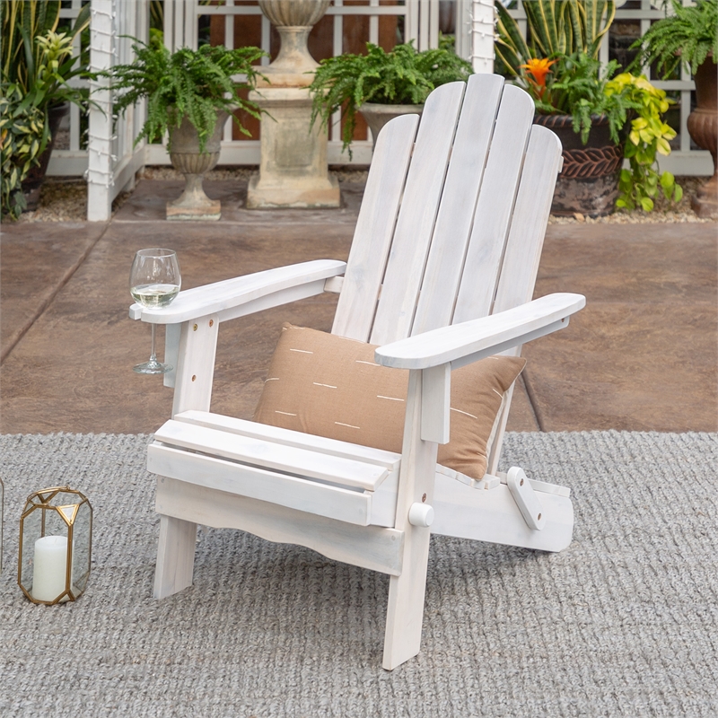 Outdoor Wood Adirondack Chair with Wine Glass Holder in White Wash