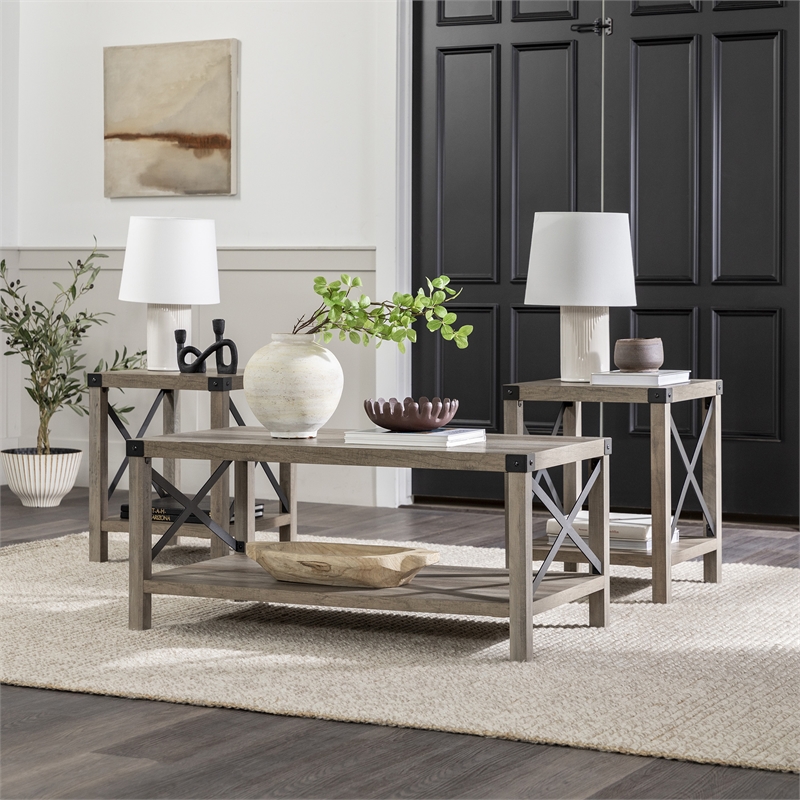 Walker Edison Metal X 3-Piece Wood and Metal Coffee Table Set in Gray Wash