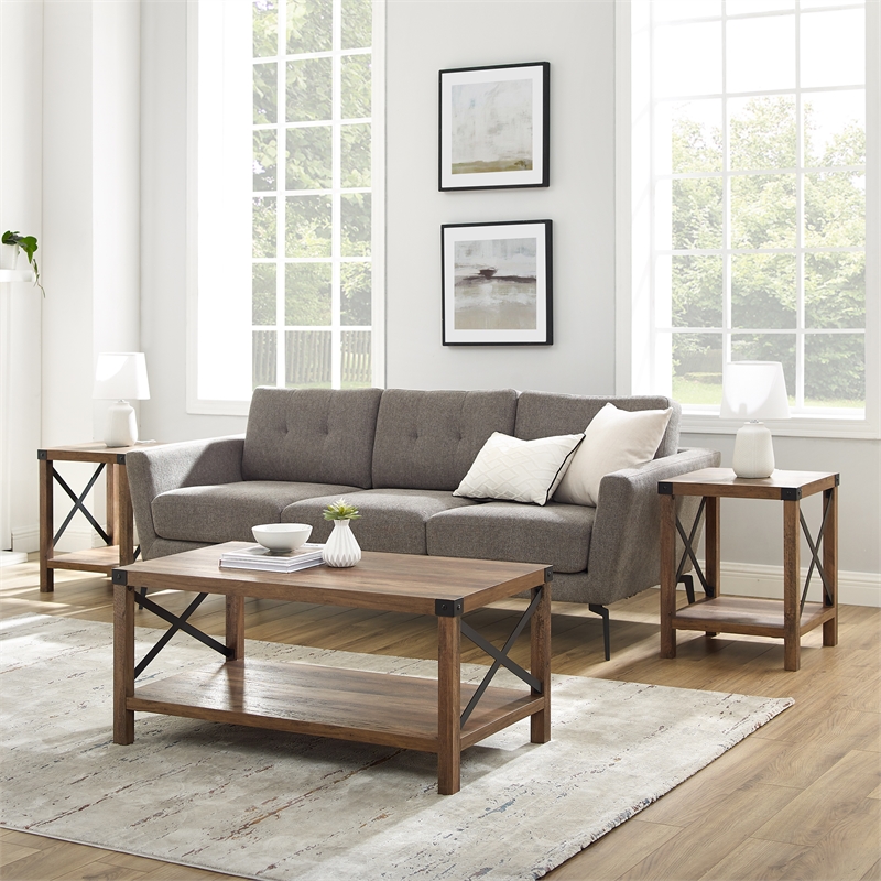 Walker Edison 3-Piece Rustic Wood and Metal Coffee Table Set in Rustic Oak Brown