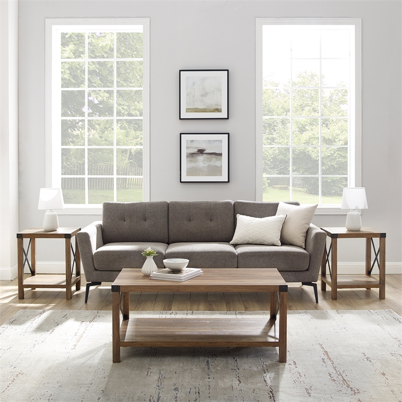 Walker Edison 3-Piece Rustic Wood and Metal Coffee Table Set in Rustic Oak Brown