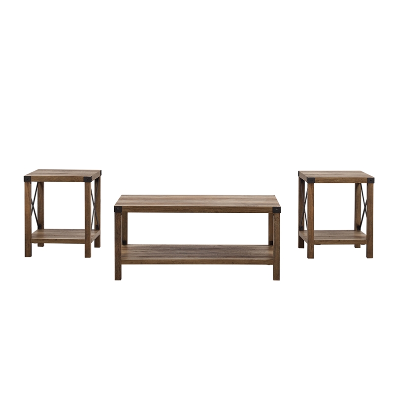Walker Edison 3-Piece Rustic Wood and Metal Coffee Table Set in Rustic Oak Brown