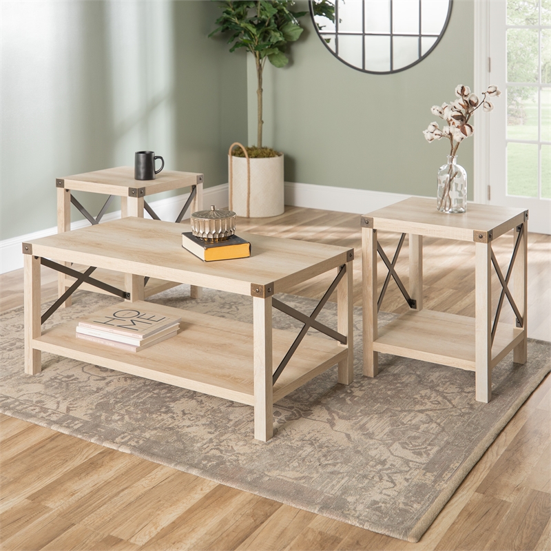 Walker Edison Metal X 3-Piece Wood and Metal Coffee Table Set in White Oak
