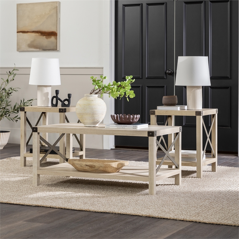 Walker Edison Metal X 3-Piece Wood and Metal Coffee Table Set in White Oak