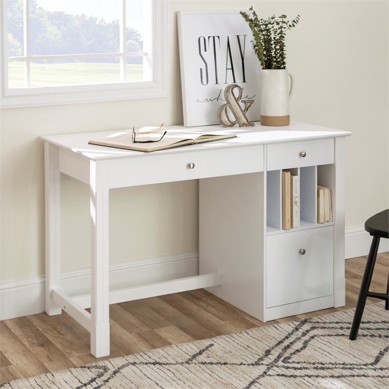 Walker Edison Deluxe Drop Down Keyboard Tray Solid Wood Computer Desk in White