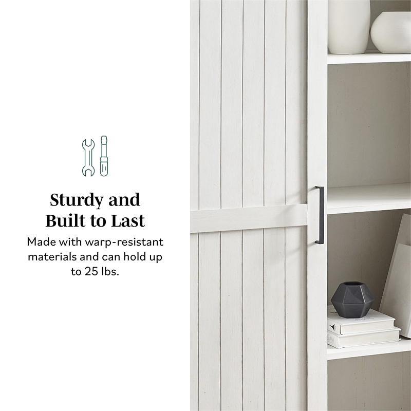 Modern Farmhouse Grooved Sliding Door Tall Storage Cabinet in Brushed White