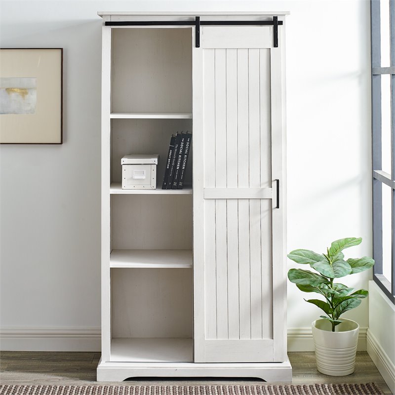 Modern Farmhouse Grooved Sliding Door Tall Storage Cabinet in Brushed White