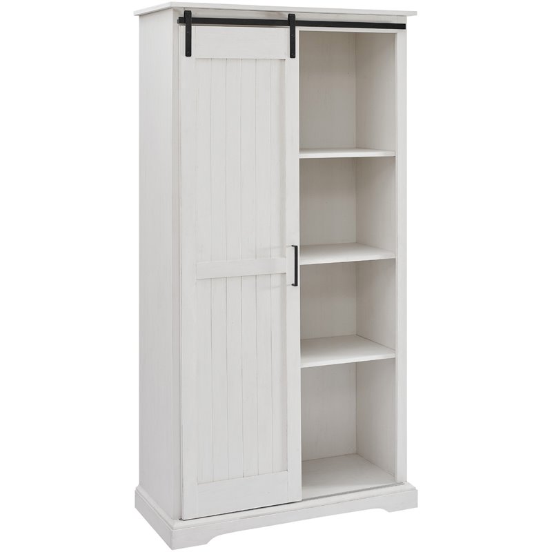 Modern Farmhouse Grooved Sliding Door Tall Storage Cabinet in Brushed White