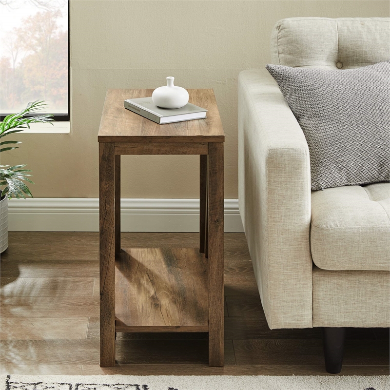 Narrow A-Frame End Table with Open Storage Shelf in Rustic Oak