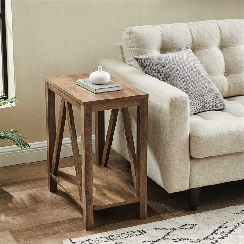 Narrow A-Frame End Table with Open Storage Shelf in Rustic Oak