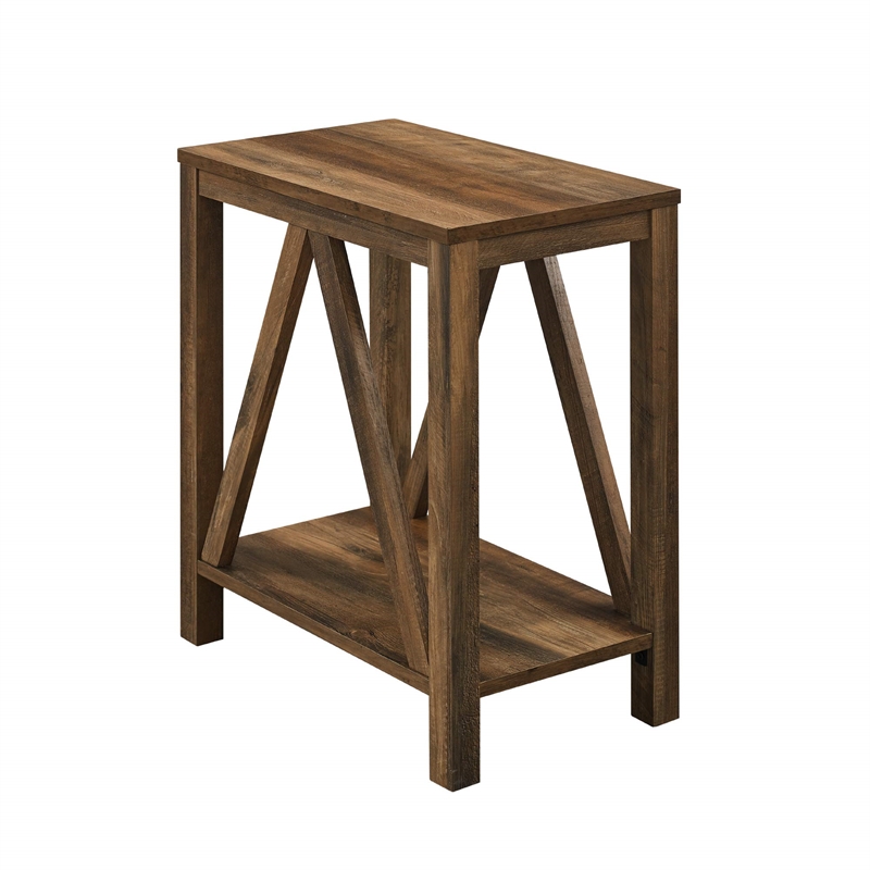 Narrow A-Frame End Table with Open Storage Shelf in Rustic Oak