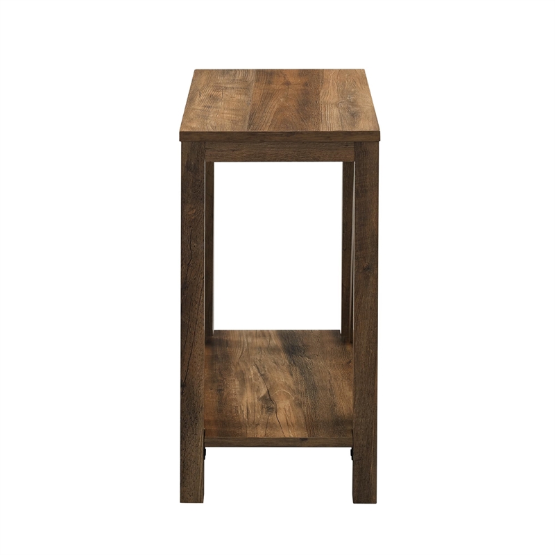Narrow A-Frame End Table with Open Storage Shelf in Rustic Oak