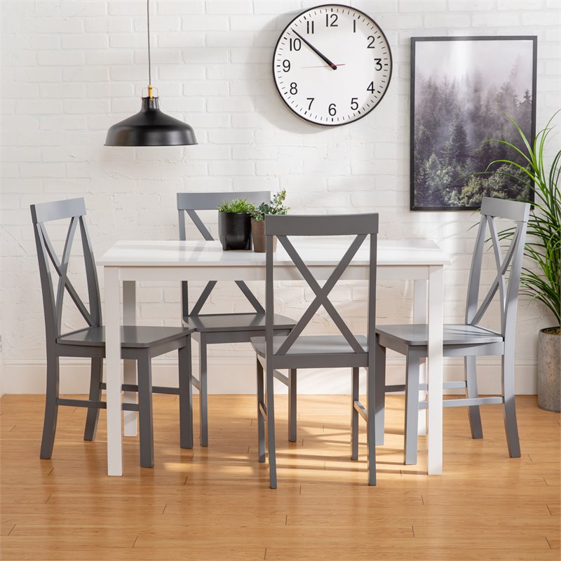 Walker Edison 5-Piece Solid Wood Farmhouse Dining Set in White and Gray