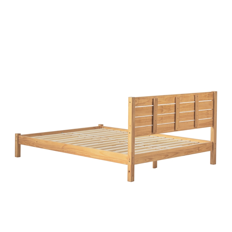 Solid Wood Minimalist Boho Queen Bed with Simple Headboard - Natural Pine