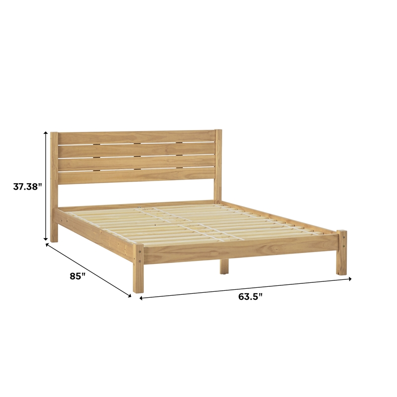 Solid Wood Minimalist Boho Queen Bed with Simple Headboard - Natural Pine