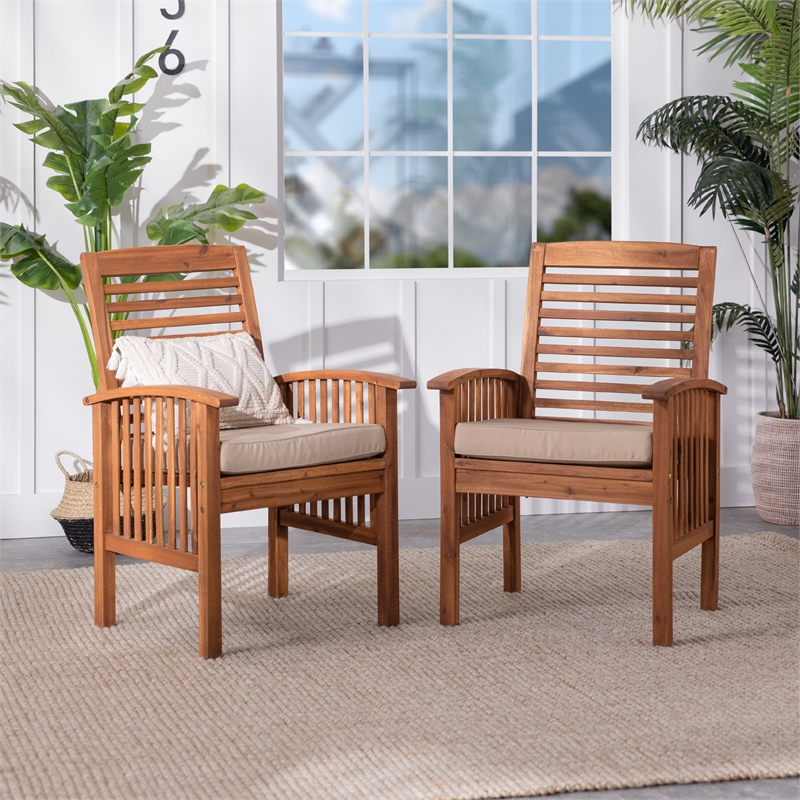 Wood Patio Chairs in Brown with Cushion - Set of 2